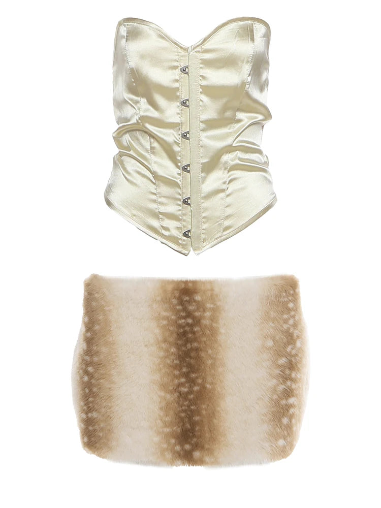 Sexy 2 Piece Set Women Invisible Button Corset Top+Gradient Furry Peach Hip Skirt Midnight Clubwear Christmas Outfits