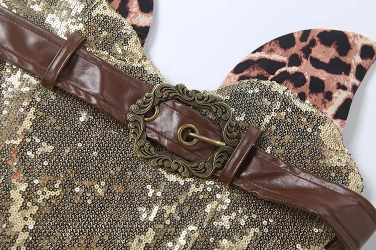 Fashion Sequin Patchwork Leopard 3 Piece Set Women Belt Metal Buckle Vest+Bow Ruffled Skirts+Short Trend Party Clubwear