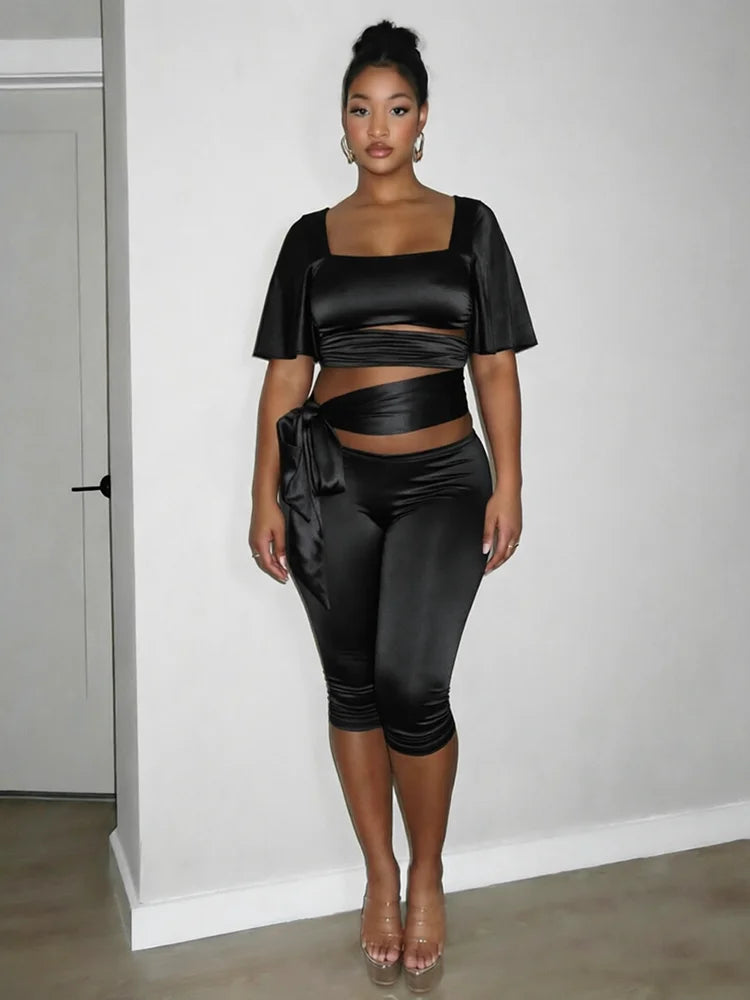 Fashion 3-Piece Set Women Solid Square Collar Flare Sleeve t-Shirt+Simple Belt+Elastic Waist Classic Short Slim Suit