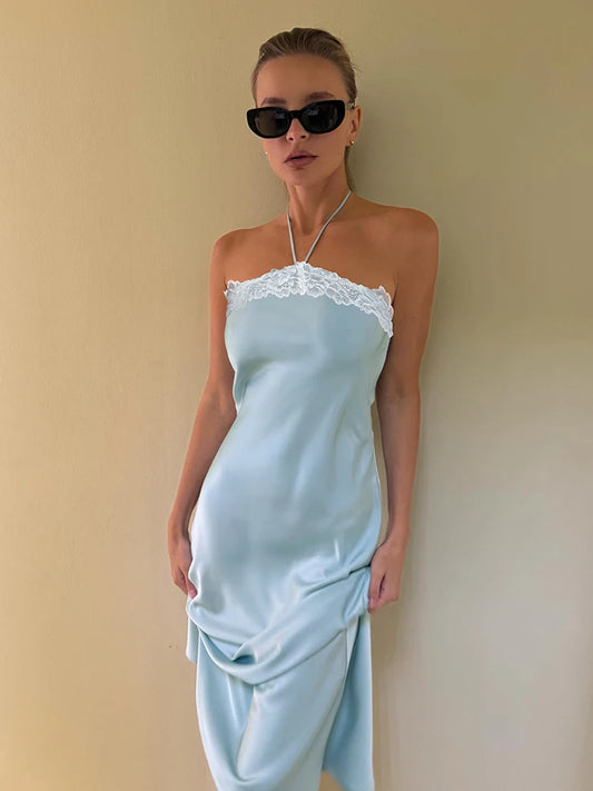 Bandages Elegant Backless Satin Dress Women Fashion Classic Halter Lace Patchwork Sleeveless Sexy Party Club Long Bodycon