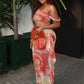 Colorful Print Dress Women Sexy Trend See Through Rope Diagonal Collar Patchwork Stretch Beach Vacation Party Bodycon