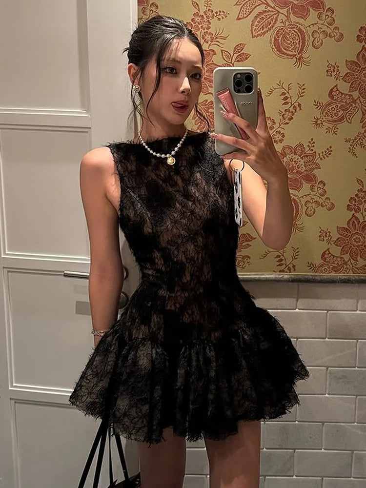 Backless Sexy Jacquard Tassel Dress Women Sweet Bow Sleeveless Patchwork Tierred Fashion Chic Party Club Mini Bodycon