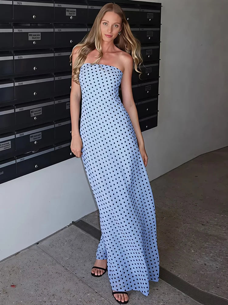 Polka Dot Strapless Sexy Maxi Dress Women Elegant Off-shoulder Sleeveless Backless Bodycon Club Party Long Dresses