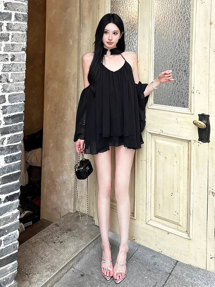 Folds Dress Women Multilayer Mesh Y2K Elegant Flare Sleeve Low-Neck Backless Sexy Midnight Summer Trend Mini Bodycon