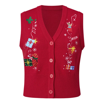 Women Christmas Embroidery Knit Waistcoat V Neck Sleeveless Button Front Cropped Sweater Vest Patterns Xmas Daily Wear