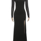 Elegant Side Slit Maxi Dress Women Low-Neck Full Sleeve Patchwork Mesh Banquet Autumn Winter Trend Prom Party Vestidos