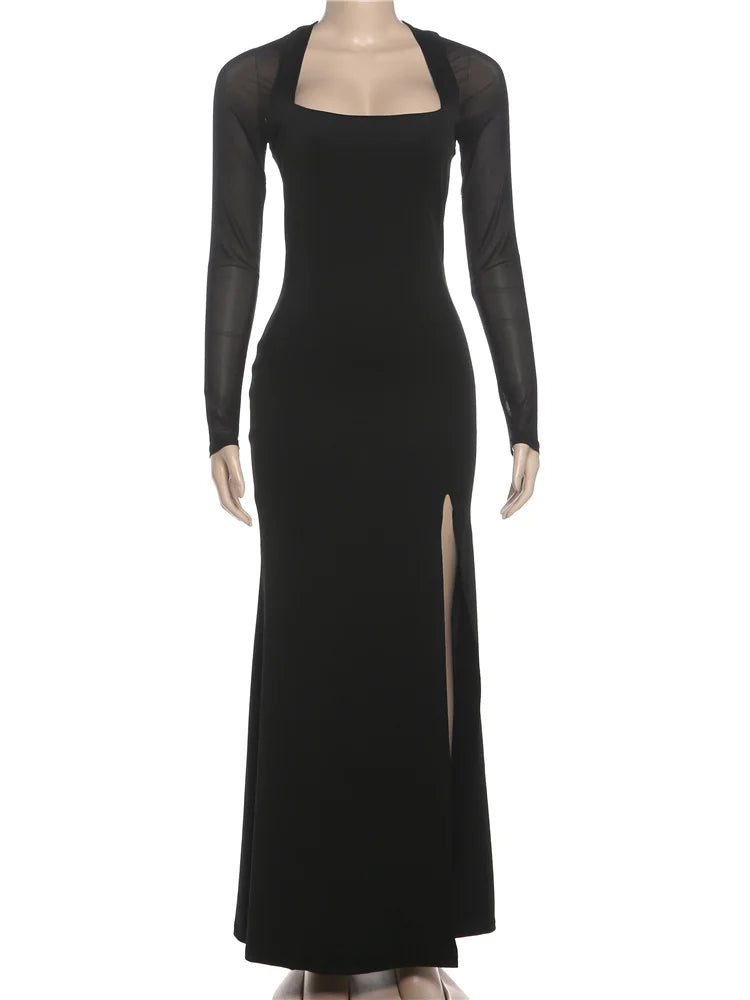 Elegant Side Slit Maxi Dress Women Low-Neck Full Sleeve Patchwork Mesh Banquet Autumn Winter Trend Prom Party Vestidos