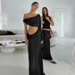 Transparent Chiffon One Shoulder Cut Out Long Sleeve Maxi Dress Woman Elegant Yellow Black Evening Dresses