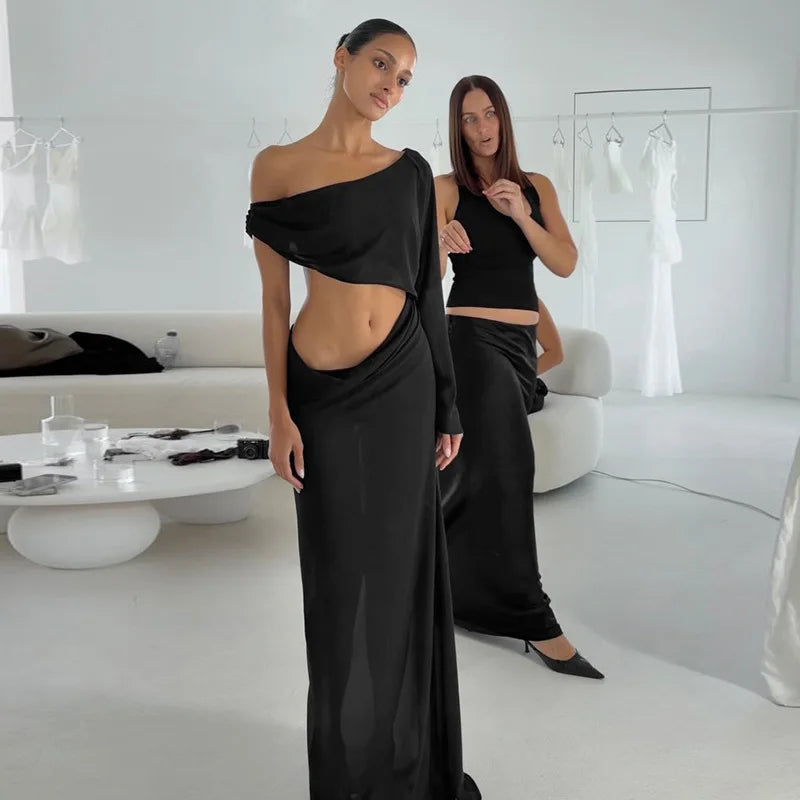 Transparent Chiffon One Shoulder Cut Out Long Sleeve Maxi Dress Woman Elegant Yellow Black Evening Dresses
