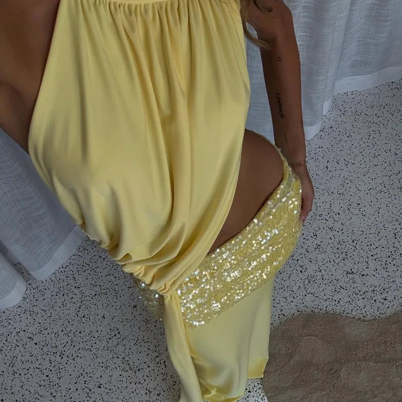 Yellow Two Piece Set Sequin-embellished Maxi Skirt and Top Beach Party Outfits for Woman Sexy Clothes