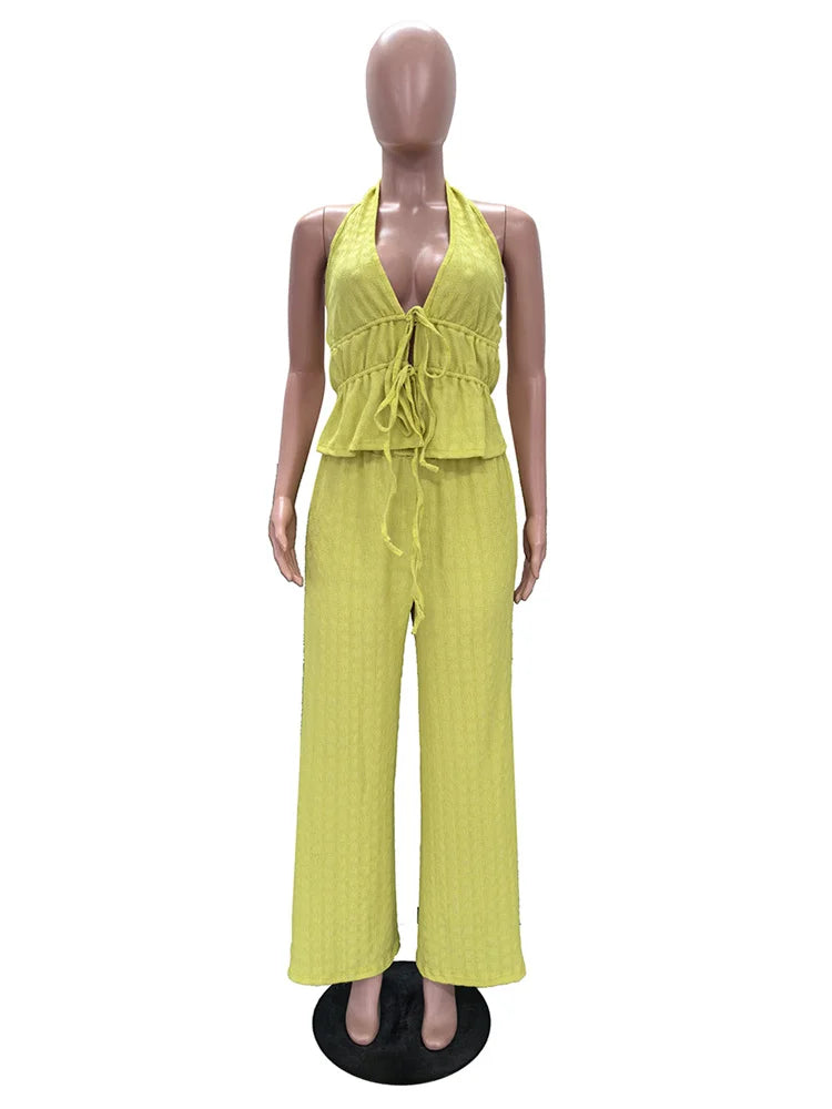 Sexy Fashion 2 Piece Set Woman Halter Low-Neck Backless Lace-Up Design Tank Tops+Jacquard Long Pant Street Style Suit