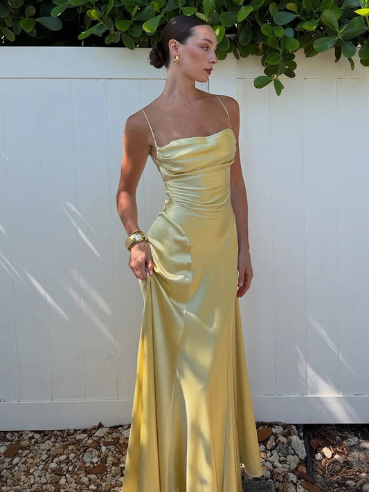 Vacation Smooth Dress Women Low-Neck Folds Backless Bandage Sleeveless Elegant Prom Party Summer Trend Solid Vestidos
