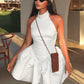 Halter Backless Bubble Short Dresses Elegant White Black Summer Dress Woman Clothing 2025