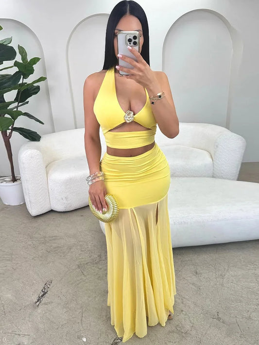 Sexy Fashion 2 Piece Set Women Metal Flower Decoration Halter Hollow Tops+Mesh Patchwork Long Skirts Elegant Outfits