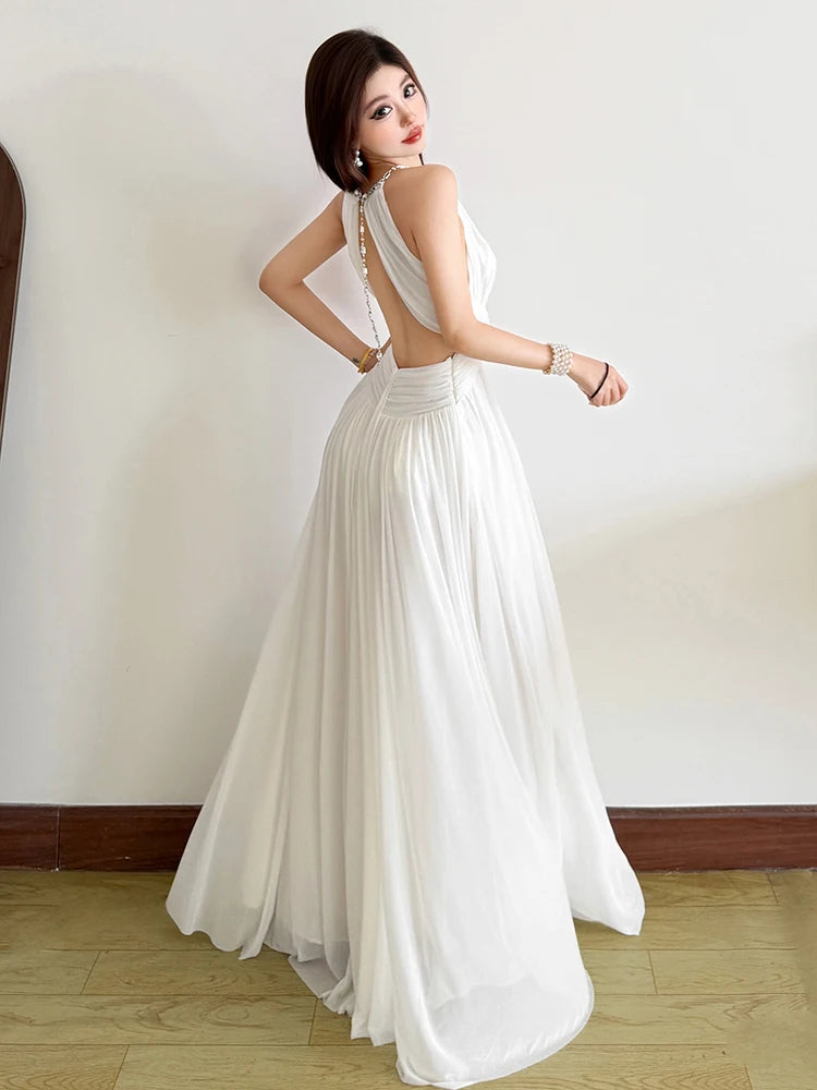 Backless Maxi Dress Women Beaded Chain Folds Sleeveless o-Neck Elegant Birthday Party Vacation Summer Trend Vestidos