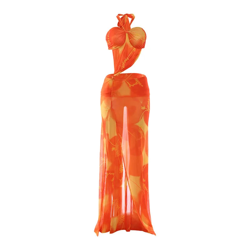 Orange Printed Mesh Split Dress Asymmetrical Halter Backless Maxi Dresses Summer Vacation Beach Outfits Women