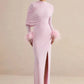 Women High Neck Long Sleeve Maxi Dress Draped Ruched Feather Cuff Formal Gown High Slit Evening Party Bodycon Dress