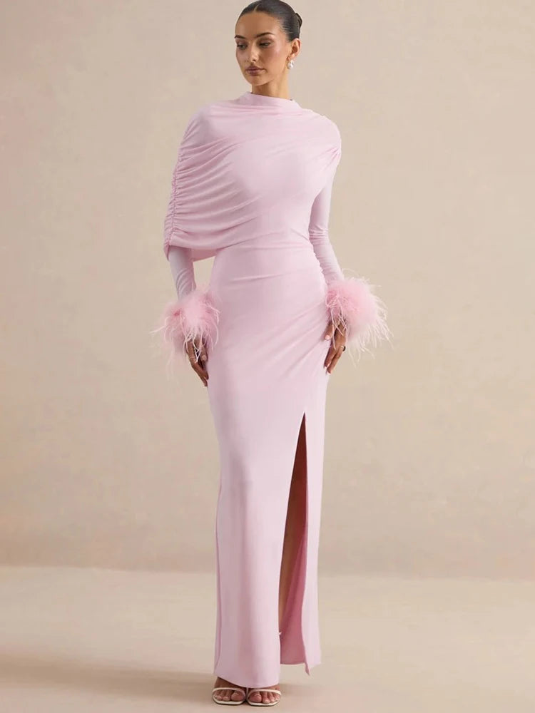 Women High Neck Long Sleeve Maxi Dress Draped Ruched Feather Cuff Formal Gown High Slit Evening Party Bodycon Dress