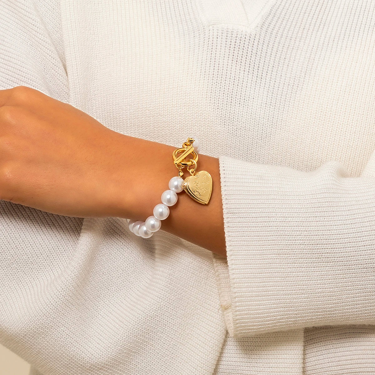 Vintage Imitation Pearl Heart OT Buckle Pendant Bracelet for Women Wed Bridal Bead Chain Bangles Couple Hand Jewelry New