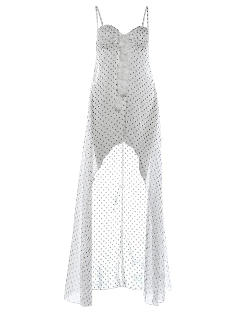 Polka Dot Print Dress Women Sexy See Through Ruffled Edge Patchwork Irregular Hem Fashion Elegant Party Club Bodycon