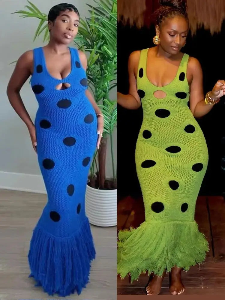 Knit Women Dress Beach Vacation Skinny Stretch Sleeveless Hollow Dot Tassel Hem Elegant Sexy Midnight Maxi Bodycon