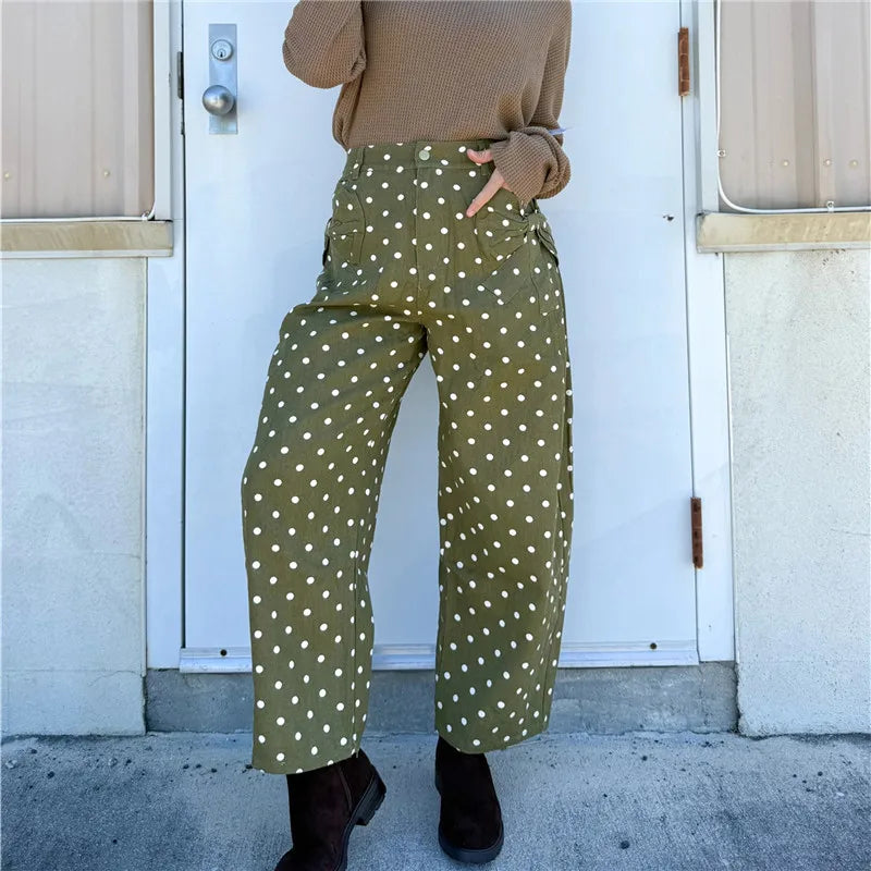 Women Retro Dots Print Cropped Cargo Pants High Waist Multi Pocket Loose Straight Leg Trousers Street Casual Bottoms