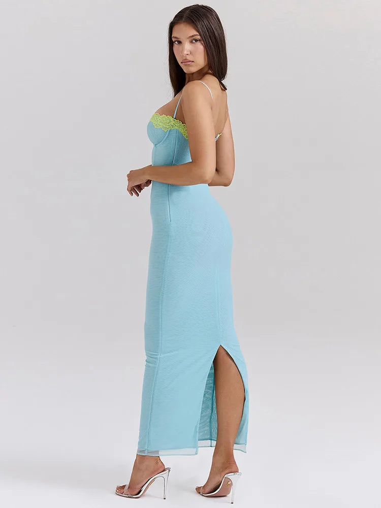 Lace Spaghetti Strap Bodycon Maxi Dress Women Gown Patchwork Fashion Sleeveless Backless Sexy Club Party Dress Elegant