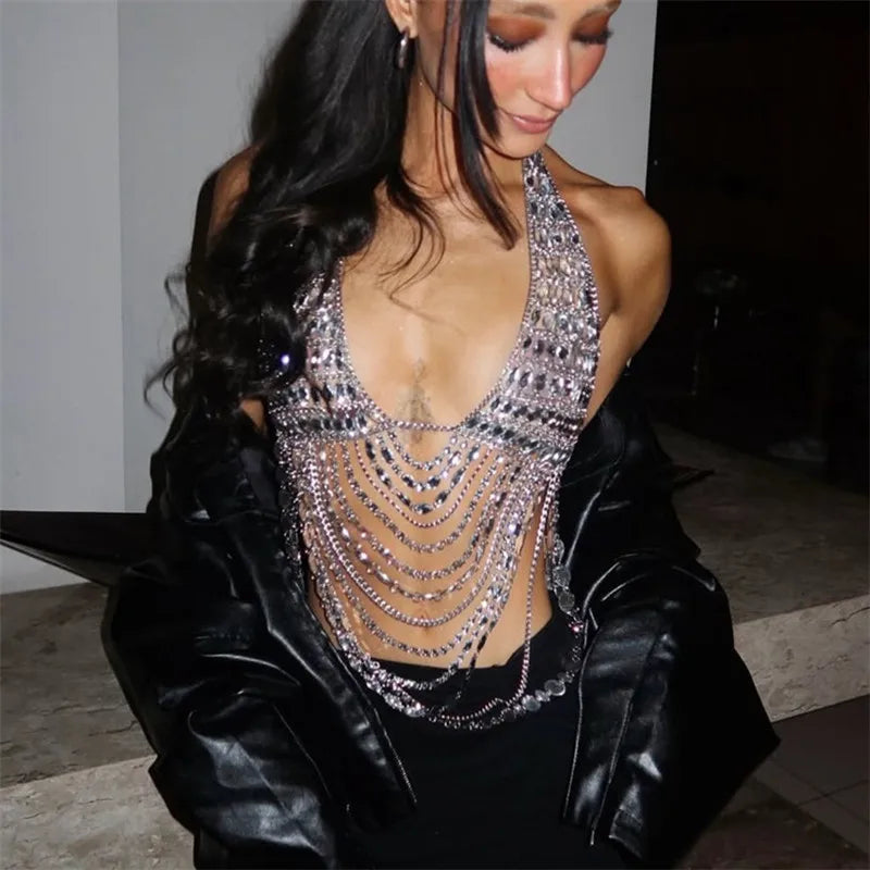 Sparkly Rhinestone Body Top Sexy Women Halter Deep V Multi Tassel Chain Harness Crystal Shimmer Rave Party Club Outfit
