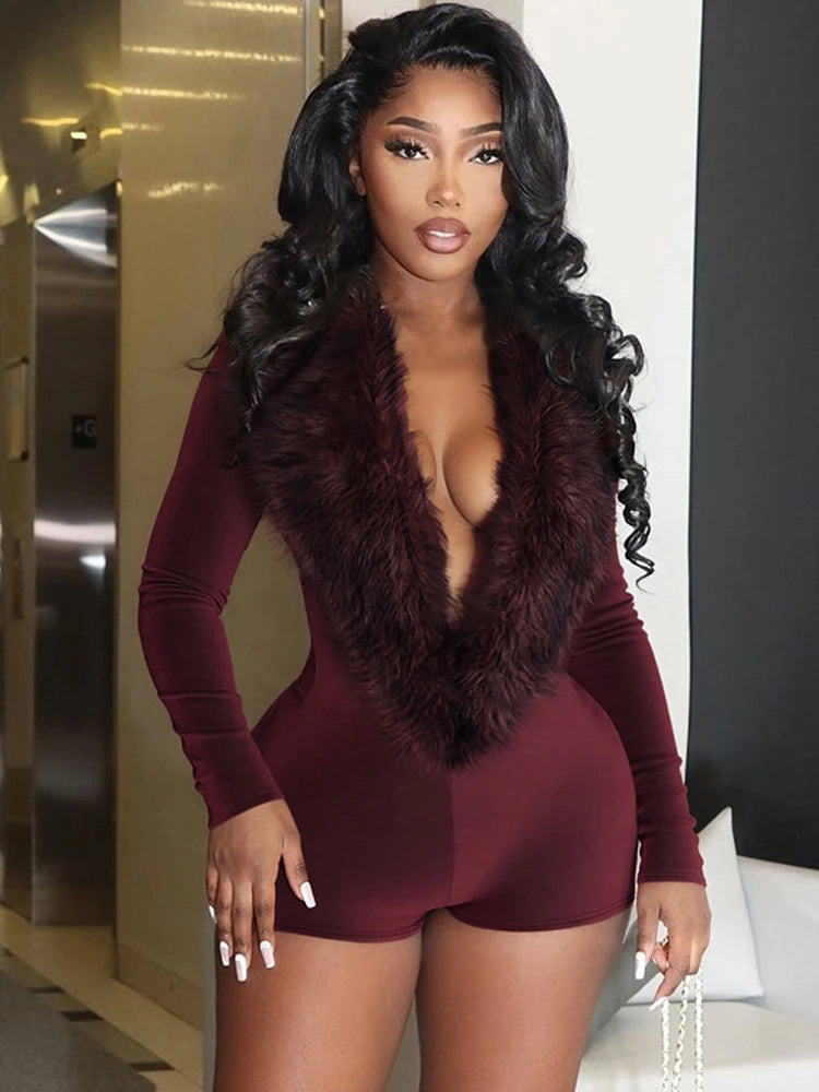 Luxury Fur Deep V Collar Romper Women Full Sleeve Sexy Skinny Fitness Activity Streetwear Hipster Workout Playsuit