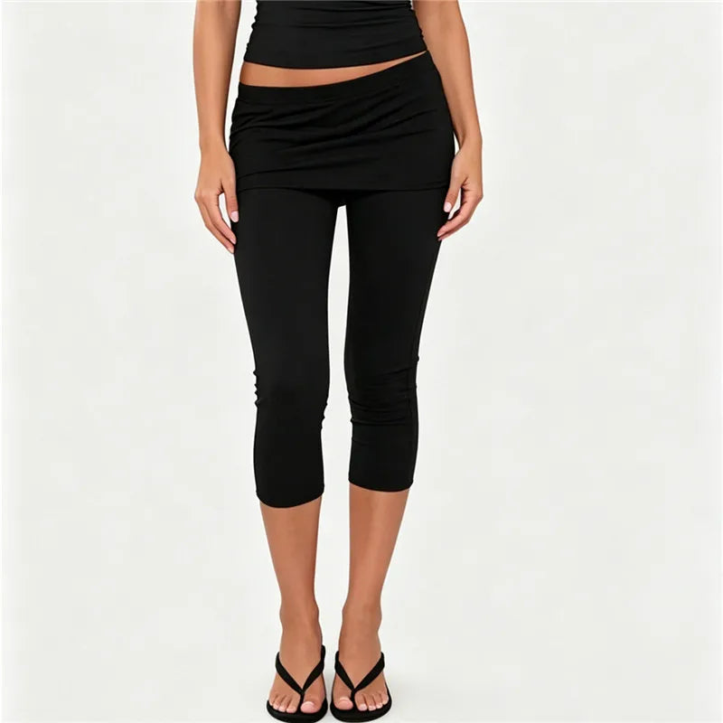 Chic Women Fold Over Waist Skirted Capri Leggings Stretchy Slim Fit 3/4 Cropped Pants Daily Casual Y2K Streetwear Bottom