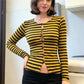 Womens Retro Striped Long Sleeve Blouse Round Neck Button Front Hollow Cutout Slim Fit Cropped Top Cosplay Party T Shirt