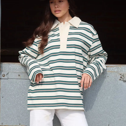 Women Long Sleeve Striped Shirts Tops Loose Fit Button Up Rugby Shirts Blouse Vintage Preppy Aesthetic Sweatshirt