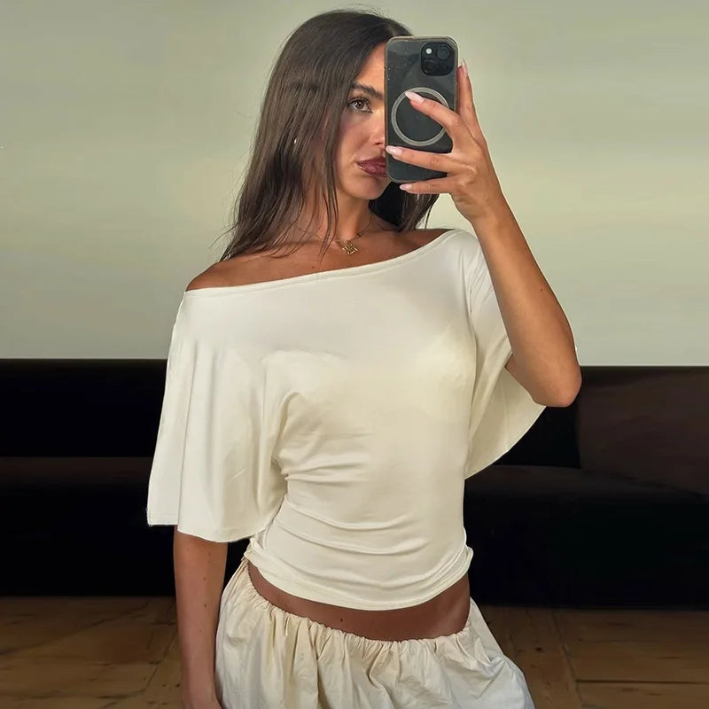 Tie Back Short Sleeve Off Shoulder Tops Casual Loose Tshirt Woman Clothes