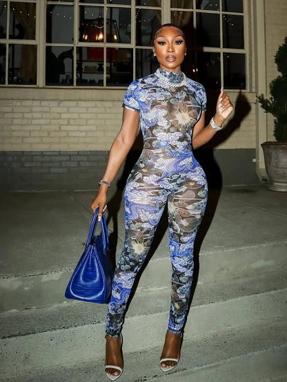 See Through Jumpsuit Women Coquette Summer Backless Peach Buttocks Colorful Print Tight Activity Clubwear Overalls