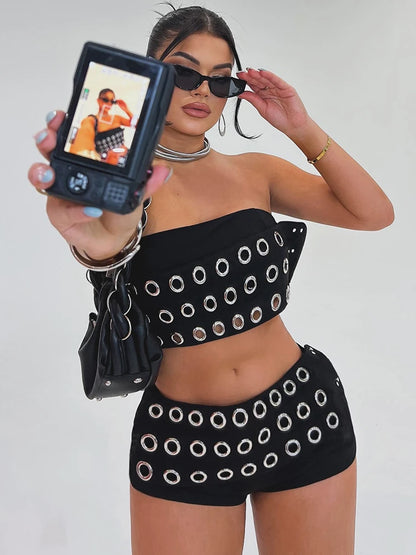 Hollow Metal Women 2 Piece Set Hipster Luxury Strapless Tops+Shorts Matching Streetwear Skinny Hipster Slim Outfits