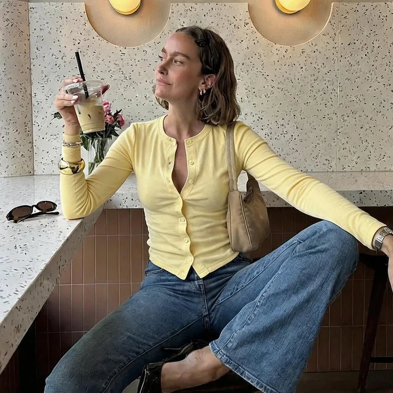 Light Yellow Ribbed Knit Button-up Cardigan Casual Long Sleeve Tops 2026 Fall T Shirts Woman Clothing