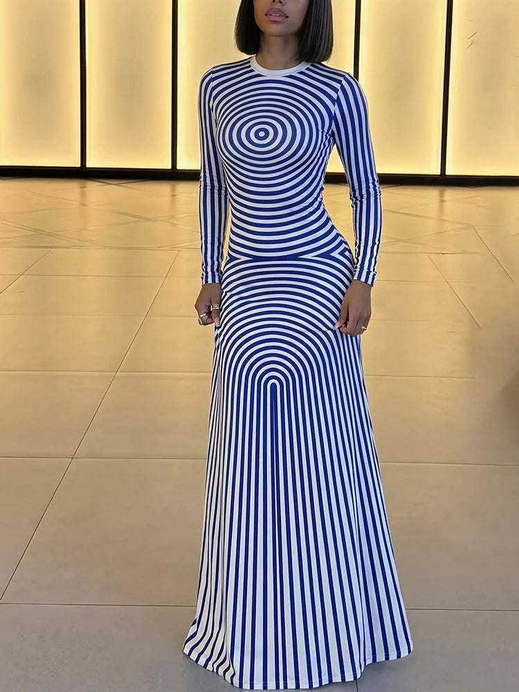 Thread Patchwork Dress Woman Autumn Trend o-Neck Full Sleeve Skinny Stretch Daily Casual Fashion Elegant Long Bodycon