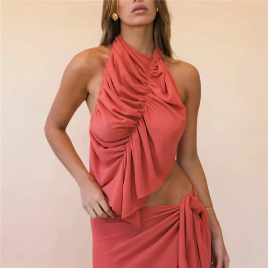 Sleeveless Asymmetrical Hem Y2K Aesthetic Tank Women Halter Neck Ruched Backless Crop Top Summer Party Vacation Clothes