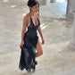 Women Y2k Mesh Maxi Dress Sexy Spaghetti Strap Bodycon Long Dress Sleeveless Backless See Through Cami Dress Party Club