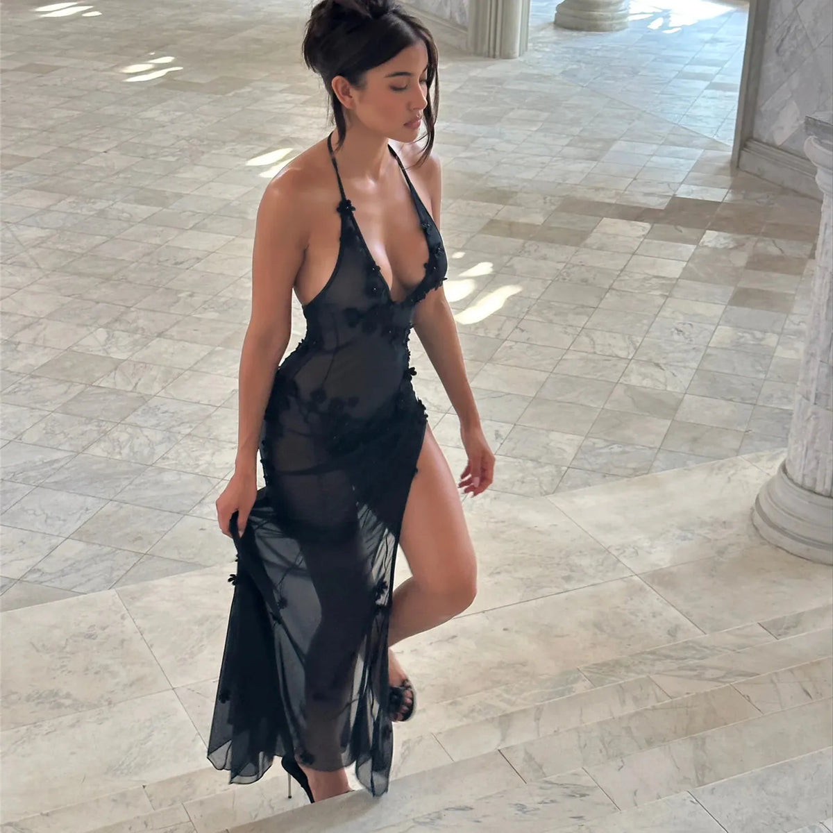 Women Y2k Mesh Maxi Dress Sexy Spaghetti Strap Bodycon Long Dress Sleeveless Backless See Through Cami Dress Party Club