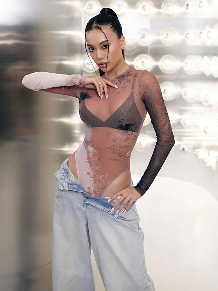 See Through Bodysuits Long Sleeves Gradient Print o-Neck High Elasticity Mesh Sexy Midnight Autumn Fashion Street Outfits