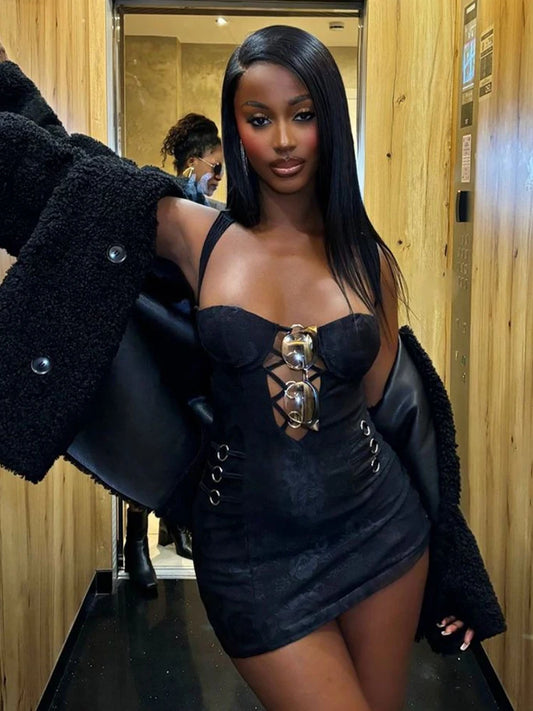 Rose Jacquard Hollow Dress Y2K Sleeveless Metal Rings Hipster Chic Sexy Midnight Shapewear Stretch Club Mini Bodycon