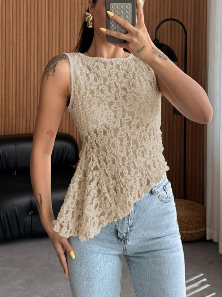 Sleeveless Asymmetrical Tops for Woman Clothing Sexy Summer See Through Lace Shirts & Blouses