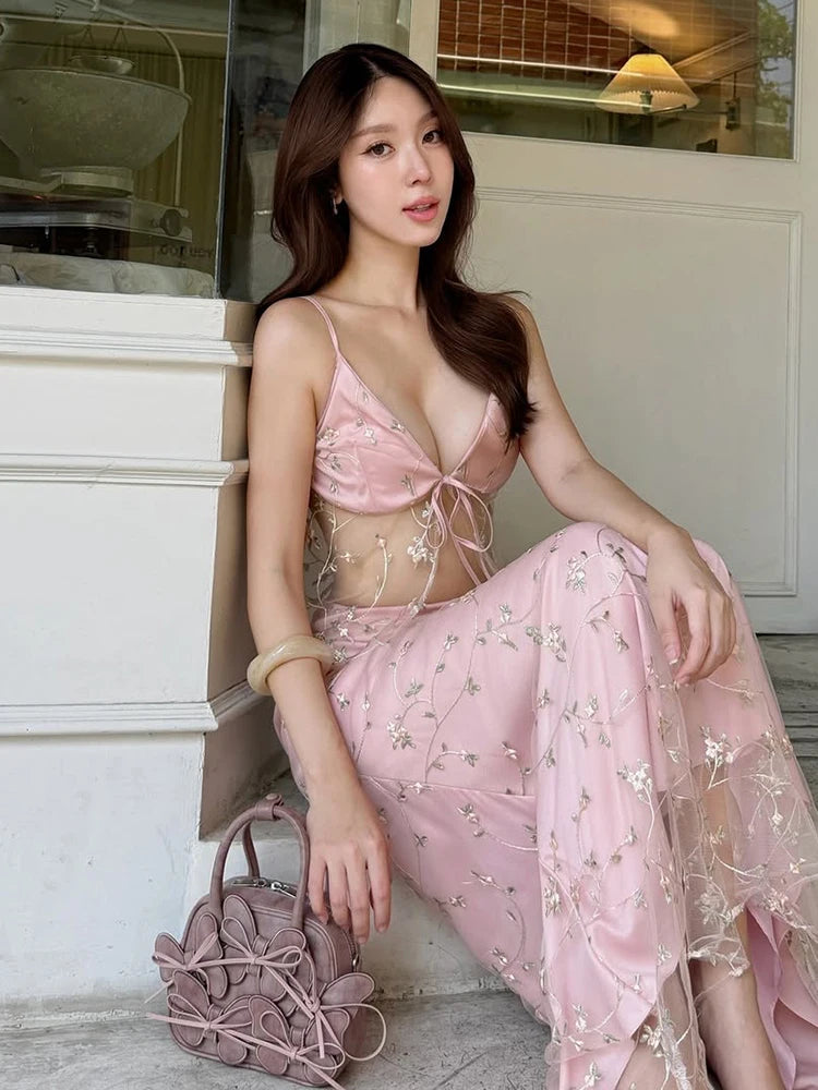 Sweet Flower Jacquard 2 Piece Set Women Trend Mesh Patchwork Bandages Sleeveless Tank Top+Skirts Sexy Party Clubwear