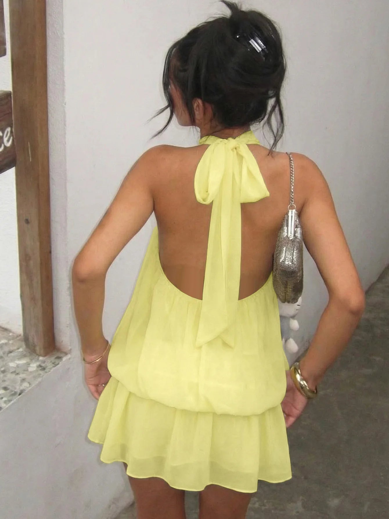 Sexy Mesh Backless Halter Mini Dress Yellow 2026 Summer Dresses for Women Vacation Outfits