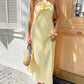 Women's 3D Flower Halter Maxi Dress Crinkled Textured Fabric Sleeveless Flowy Long Dress for Casual Summer Wear