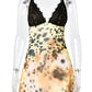 Women Yellow Leopard Print Mesh Mini Dress Lace V Neck Spaghetti Strap Bodycon Short Dress Club Night Out Party Outfit