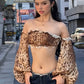 Sexy Slash Neck Crop Tops Women Lantern Sleeve Patchwork Lace Leopard Print Midnight Autumn Hottie Streetwear Tees