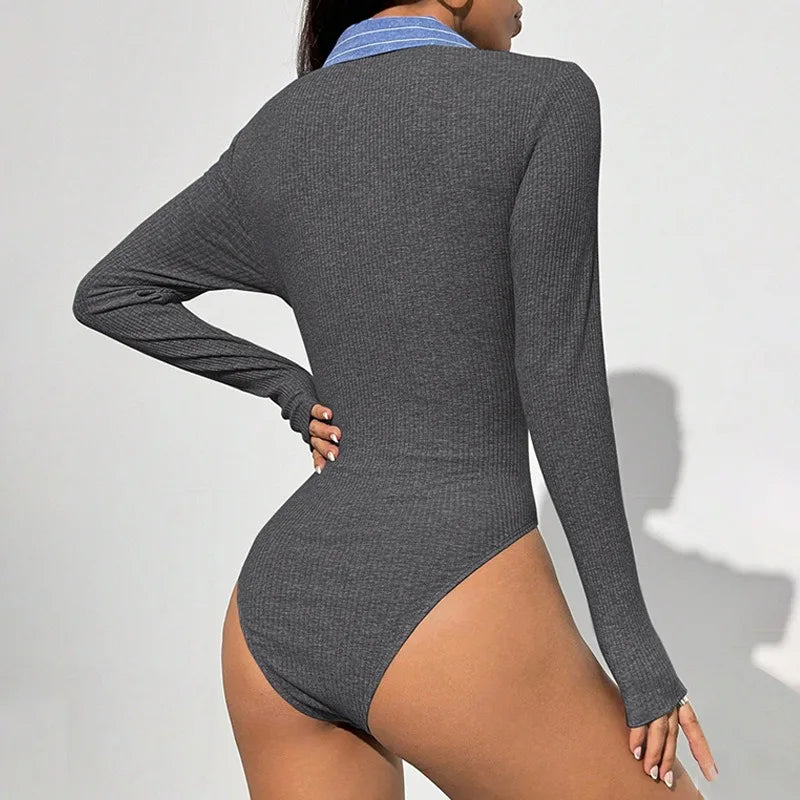 Fake Two-piece Long Sleeve Bodysuit for Woman Ribbed Patchwork Sexy Tops Women Clothes