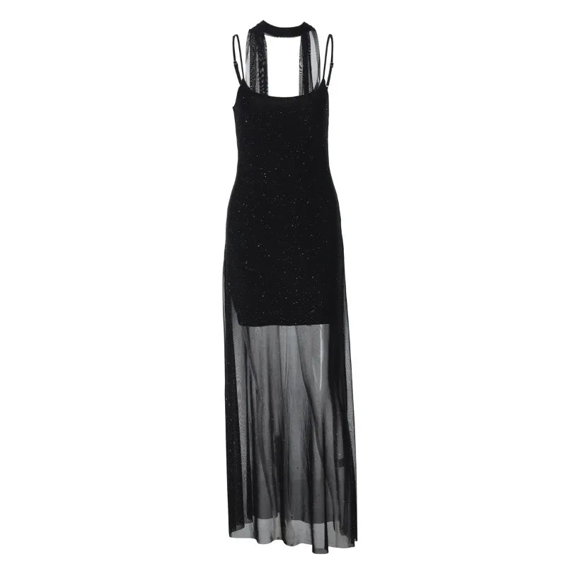 Glitter Sequin Mesh Black Long Party Dress Woman Elegant Sexy Sleeveless Maxi Dresses with Scarf